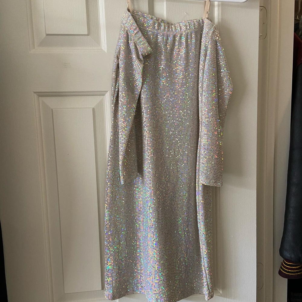 City Chic Silver Sequin off Shoulder Gown